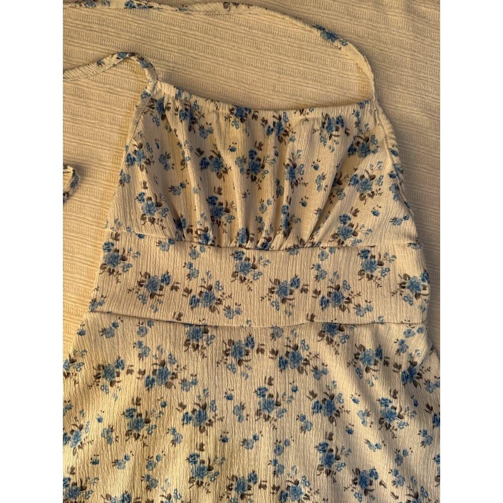 Shein Beige Blue Floral Ruffle Strappy Halter Sleeveless A-Line Sundress XS - Picture 2 of 6